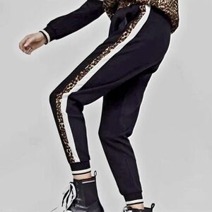 Zara Black Joggers W/ Brown & White Leopard Print Stripe, Size M ~ EUC